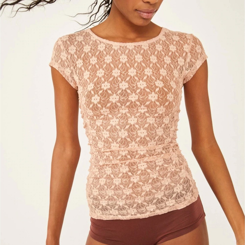 Free People Intimately Keep It Simple Lace Baby Tee S Floral Short Sleeve Pink